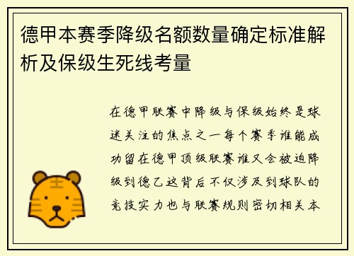 德甲本赛季降级名额数量确定标准解析及保级生死线考量
