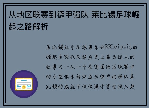 从地区联赛到德甲强队 莱比锡足球崛起之路解析