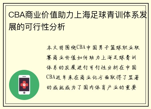CBA商业价值助力上海足球青训体系发展的可行性分析