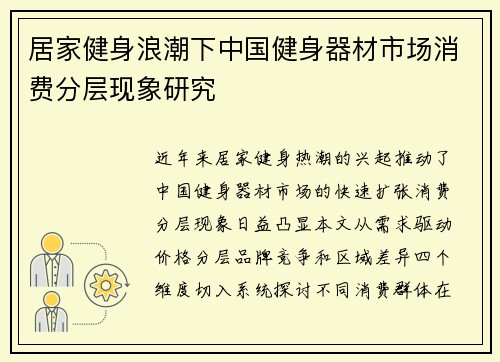 居家健身浪潮下中国健身器材市场消费分层现象研究